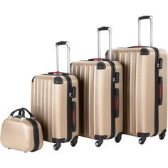 This practical suitcase set from tectake consists of four different sized wheeled luggage suitcases and a beauty case in a beautiful metallic look, and is ideal for all kinds of journeys - no matter where youre going, with whom and for how long. The suitcases can be stacked inside each other which makes them super easy to store at home.  The lightweight plastic hardcase trolleys feature reinforced edges that make these suitcases on wheels even more resistant to knocks and shocks whilst on travel Travel Luggage Suitcases, Camping Grill, Metallic Look, Suitcase Set, Bag Suitcase, Beauty Case, Suitcase Traveling, Luggage Sets, Travel And Leisure