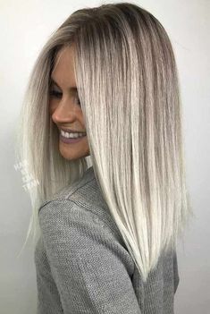 The new platinum color is on the cooler end of the spectrum with icy blondes and smoky hues. Many of these new platinum hair colors have darker roots, often called shadow roots. It's time to cool down with a silvery side of platinum blonde. #beautytips #hair #hairstyle #blondehair #southernliving Blond Highlights, Ashy Hair, Platinum Hair Color, Blond Ombre, Blonde Hairstyles, Long Bob Haircuts, Ash Blonde Hair, Platinum Hair