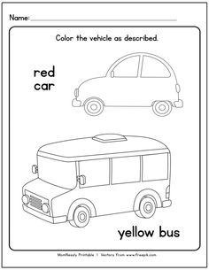 a bus and a car color the vehicle as described in this worksheet for kids