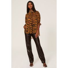 Orange tiger print chiffon (100% polyester). Top. Mock neckline. Short sleeves. Back zipper closure. 31" from shoulder to hemline. Imported. Chic Fall Tiger Print Tops, Orange Tiger, Adam Lippes, Mock Neck Blouse, Rent The Runway, Jonathan Simkhai, Tiger Stripes, Closet Designs, Mock Neckline