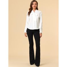 Modern and elegant, this shirt style with softly chiffon fabric and bow tie neck design. There's nothing like a touch of chiffon to elevate your style, and this blouse also features a bow tie neck for a put-together look. Elastic ruffle cuff instantly elevate this bow tie neck shirt and make it a sophisticated choice for day or night. Suitable for casual, dating, office, work, formal and daily wear. This shirt styled in a bow tie neck brings elegance to whatever outfit you're putting together. Tie Neck Shirt, Work Shirts, Chiffon Fabric, Neck Designs, Daily Wear, Neck Tie, Shirt Style, Chiffon, White