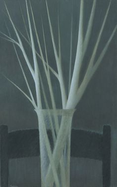 a painting of a white tree with no leaves in a vase on a black background