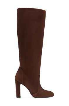 An almond toe and slender block heel balance a supple suede boot shaped in a knee-high silhouette for timeless appeal. 4" heel Leather upper and lining/rubber sole Made in Spain Chic Tall Brown Heeled Boots, Brown Knee-high Boots With High Shaft For Formal, Brown Knee-high Boots With High Shaft For Formal Occasions, Brown High Shaft Knee-high Boots For Formal, Brown High Shaft Knee-high Boots For Formal Occasions, Formal Brown High Shaft Heeled Boots, Formal Brown Tall Knee-high Boots, Elegant Tall Brown Boots, Elegant High Shaft Brown Boots