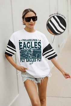 PHILADELPHIA EAGLES CROWD PLEASER VINTAGE LOOK SHORT SLEEVE SPORTS STRIPE RAGLAN TEE White Tops For Football Season Streetwear, White Streetwear Tops For Football Season, Sports Season Tops With Contrast Stripes, Sports Season Tops With Contrast Stripes For Sports Events, Contrast Stripes Tops For Sports Events, White Athleisure Tops For Game Day, White Sportswear Top For Game Day, Streetwear Tops With Contrast Stripes For Sports Season, Oversized Sporty Tops With Contrast Stripes