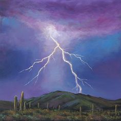 a painting of a lightning strike in the desert