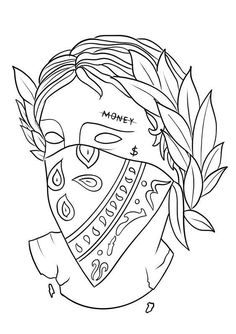 a black and white drawing of a mask with leaves around it's neck that says money