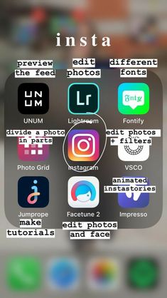 an iphone screen with the insta logo and other icons in different colors on it