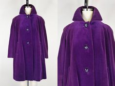 "Late 1950s amethyst purple velour coat  ~Amethyst purple cotton velour ~Satin lined ~Front pockets ~Above the knee length Dry cleaned and ready to wear. Condition: Very good. Some nics to velour and very slight browning to top of shoulders and sleeve sides. Dingy line to cuff Size: Fits like a modern Medium *Please consult measurements to ensure fit; measure a garment you own of similar style to compare if you can! *measurements are taken flat on the outside then doubled Measurements Bust: 46\" Cheap Purple V-neck Outerwear, Vintage Purple Formal Outerwear, Purple Coat Outfit, Womens Outerwear, Fur Coat Fashion, Purple Coat, Fur Collar Coat, Velvet Coat, Collar Coat