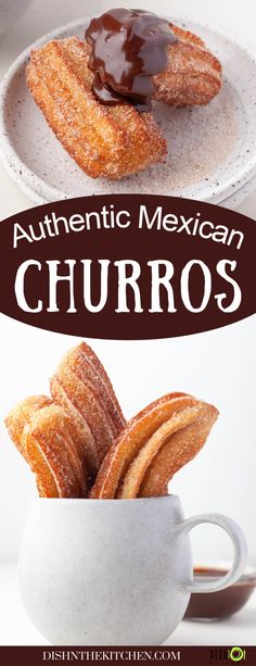 two plates filled with churros on top of a white plate next to each other