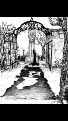 a black and white drawing of a woman standing in an archway