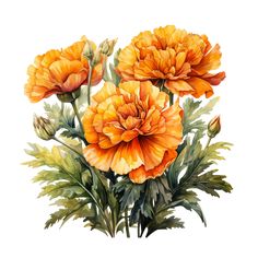 watercolor painting of orange flowers with green leaves