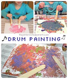 a collage of photos showing the process of painting with children's hands and paintbrushes