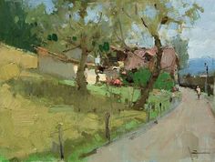 an oil painting of a country road with houses and trees