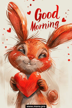 a painting of a rabbit holding a red heart with the words good morning on it