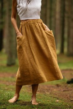 Linen Skirt With Deep Pockets / Washed Linen Skirt / Linen - Etsy Midi Length Skirt, Boho Skirts Outfit, Simple Skirt Outfits, Linen Clothes Patterns, Linen Skirt Pattern, Linen Skirt Midi, Linen Skirts, Linen Midi Skirt, Look Boho Chic