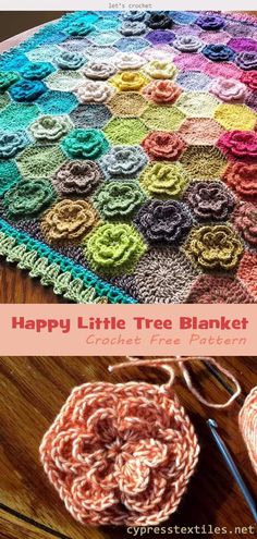 a crocheted blanket with the words happy little tree blanket written on it