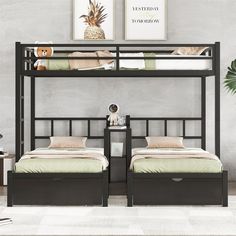 bunk beds with trundle frames and mattresses in a modern style bedroom setting