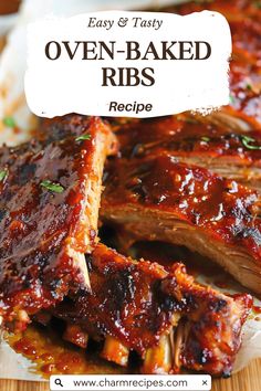 an image of oven baked ribs with bbq sauce on the side and title overlay