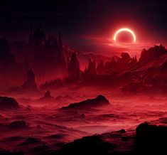 an eclipse is seen in the sky over some mountains and rocks, with red hues