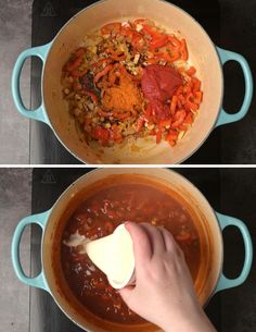 two pictures showing how to make chili and beans