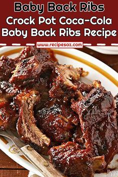 baby back ribs on a white plate with bbq sauce in the background and text overlay