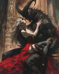 a woman in a red dress hugging a demon