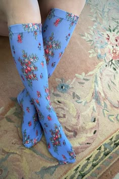 Pretty Compression Socks – Hopeless Romantic Eccentric Style, Airline Travel, Personal Style Inspiration, Cabbage Roses, Socks And Heels, Wardrobe Outfits, Long Socks, Periwinkle Blue, Compression Socks