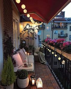 an outdoor patio with lots of lights on it