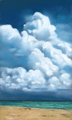 a painting of clouds over the ocean on a sunny day with blue sky and green water