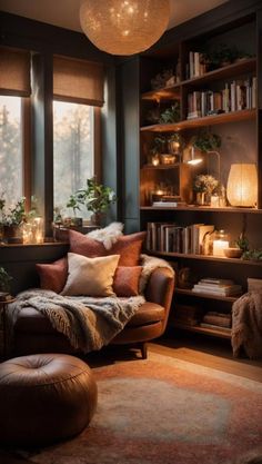 a living room filled with furniture and bookshelves next to a window covered in lights