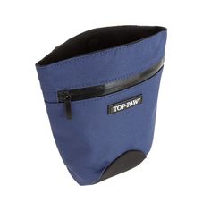 a blue bag with black zippers on it