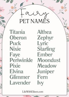 the family names for pet names on a pink background with flowers and leaves around them