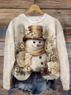 Women's Winter Snowman Original Round Neck Long Sleeve Top – Wonder closets Cotton Long Sleeve Holiday Top, Holiday Long Sleeve Cotton Top, Cotton Long Sleeve Top For Holidays, Long Sleeve Cotton Top For Holiday, Casual Long Sleeve Tops For Holiday, Winter Holiday Long Sleeve Tops, Winter Snowman, Long Sleeve Sweatshirt, Print Pullover