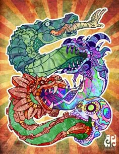 three colorful dragon stickers sitting on top of each other in front of a sunburst