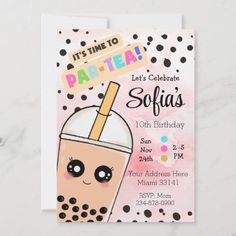 a birthday party card with a drink on the front and polka dots in the background