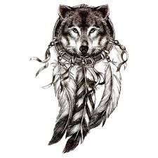 a black and white drawing of a wolf with feathers