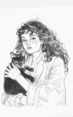 a pencil drawing of a woman holding a cat