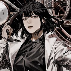 an anime character with black hair holding a clock and chain around his neck, standing in front of a steampunk background