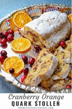 cranberry orange quark stollen on a platter