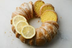 a lemon bunt cake with two slices cut out