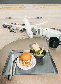 a tray with a sandwich and french fries on it next to an airport tarmac