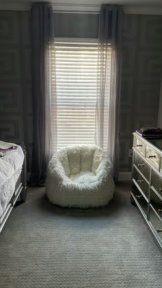 fluffy chair positioned in front of window in an aesthetically pleasing manner Fluffy Bedroom Chairs, Big Comfy Chair Aesthetic, Fluffy Hanging Chair, Bean Bag Chair Fluffy, Big Fluffy Bean Bag Chair, Fur Chair, Bedroom Couch, Crystal Room, Comfortable Bedroom