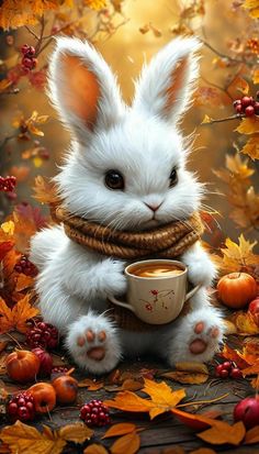 a painting of a white rabbit holding a cup of coffee with autumn leaves around it