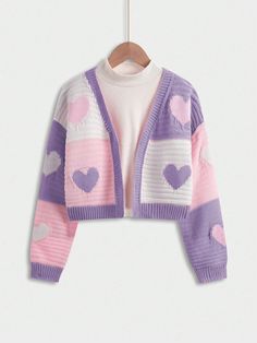 Tween Girl Colorblock Heart Print Casual Cardigan Sweater Multicolor   Long Sleeve Knitwear Geometric,Heart  High Stretch  Tween Girls Clothing, size features are:Bust: ,Length: ,Sleeve Length: Pink Crochet Cardigan, Casual Cardigan Sweater, Casual Outfits For Teens, Cute Dress Outfits, Áo Len Cardigan, Cardigan Casual, Girls Cardigan, Casual Cardigans, Color Block Sweater