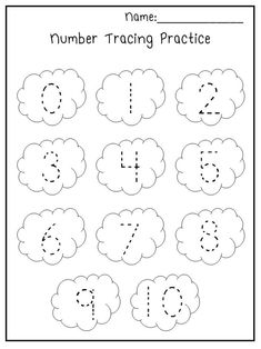 worksheet for numbers 1 - 10 with clouds and letters in the middle, including one