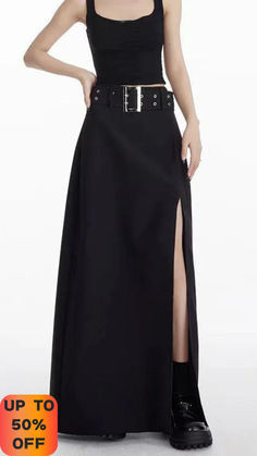 Unique Black Front Open High Waist Patchwork Spandex Maxi Skirts Summer Chic Black Asymmetrical Maxi Skirt, Maxi Skirt With Belt, Black Patchwork Cotton Skirt, Goth Maxi Skirt, Black Asymmetrical Voluminous Maxi Skirt, Y2k Skirt, Luxury Black A-line Maxi Skirt, Skirts Summer, Maxi Skirts Summer