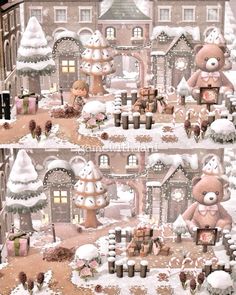 there are two pictures of teddy bears in the snow with houses and trees behind them