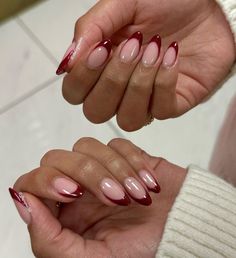 French Manicure Burgundy, Ref French Nails, Dark Cherry Red Nails French Tip Almond, Gel X Red Nails, Berry French Tip Nails, Cherry Red Nails French Tip, Vine Red Nails, That Girl Nails, Red Inspo Nails