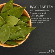 bay leaf tea in a wooden bowl on a black background with information about its benefits