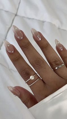 Chrome French Tip Nails With Pearls, Almond Nails Wedding Classy, Pearl Almond Nails Designs, Color On Color French Tip, Pearl Art Nails, Wedding Nails With Pearls Brides, Prom Nail Inspo Elegant, Nails Design With Pearls, Birthday Nails Pearls